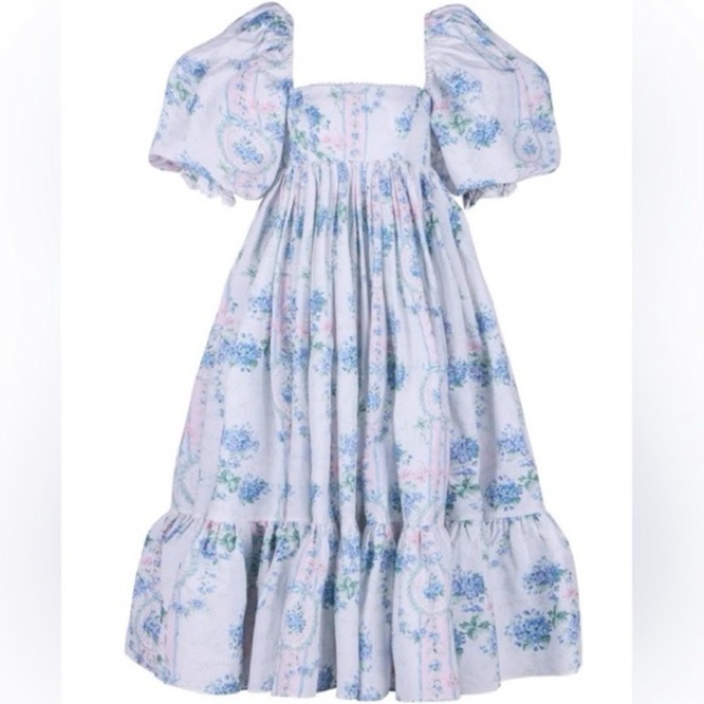 Selkie Pastel Blue & Pink Floral Puff-Sleeve Midi Dress